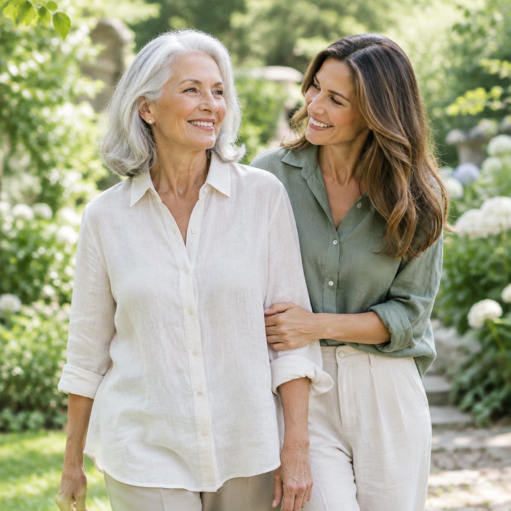 Older woman enjoying an outdoor walk with her daughter