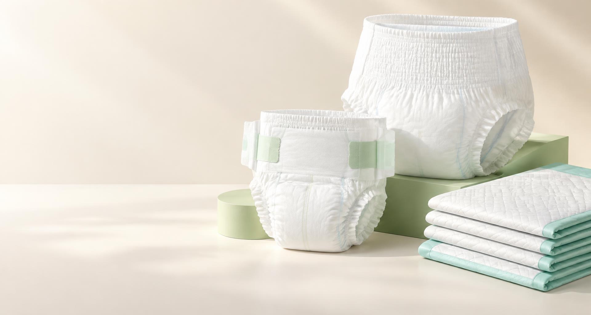 Baby diaper, adult pull-up and quilted pet training pads on studio platforms